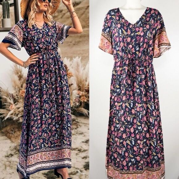 Pretty Garden Maxi Dress Pink Floral Size L Tie Waist Short Boho V Neck Cottage - Picture 1 of 7